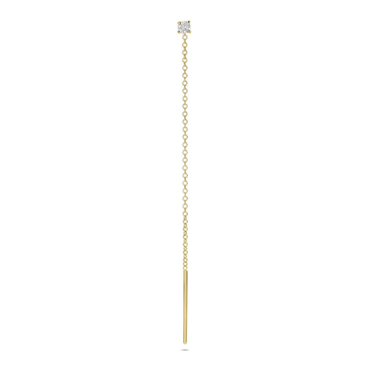 Geelgouden doortrekoorbel met een diamant, lange ketting met een rechte staaf.