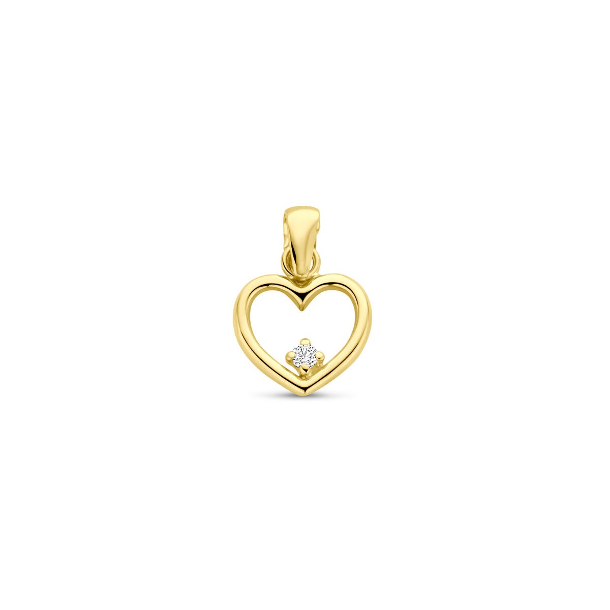 14k gouden hanger in hartvorm met een zirkonia in het midden, diameter 13 mm.