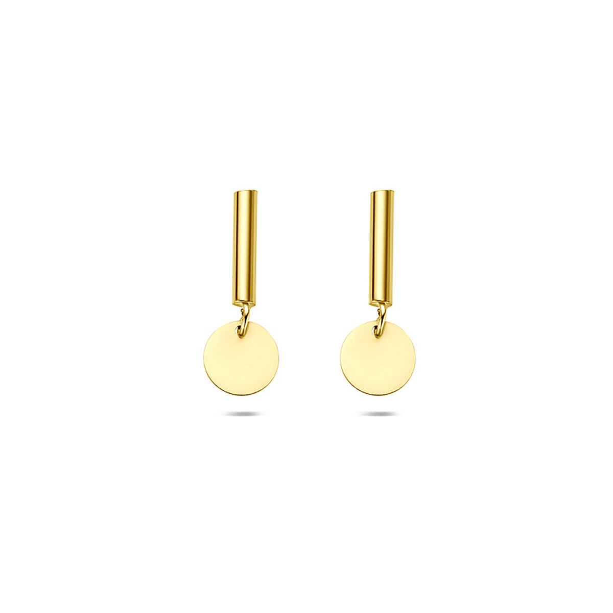 Geelgouden oorhangers met een ronde schijf en een rechte hanger.