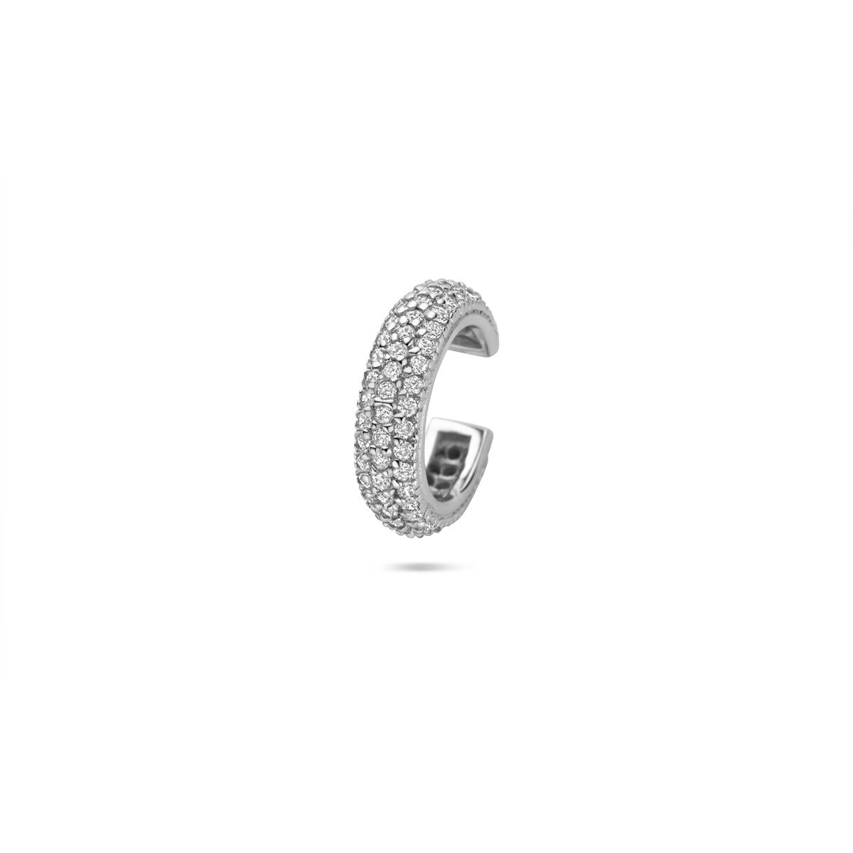 Zilveren ear cuff met gerhodineerde afwerking en zirkonia-steentjes in een glanzende, ronde vorm.
