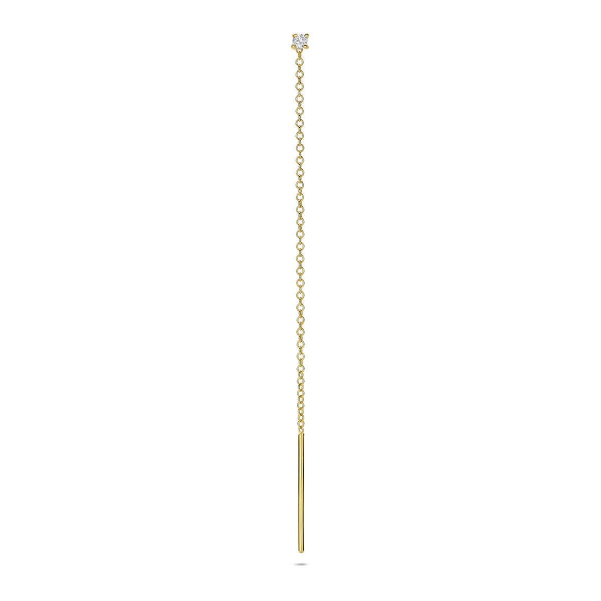 Geelgouden doortrekoorbel met een diamant en een lange, rechte ketting.