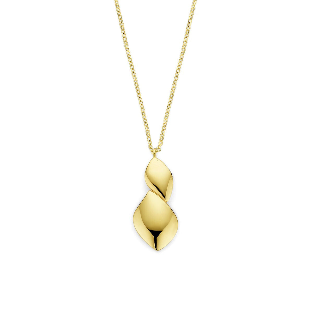 Geelgouden collier met een gedraaide, elegante hanger in een glanzende afwerking.