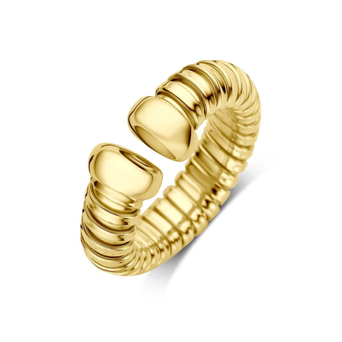 14k geelgouden damesring met een golvende, ribbelstructuur en open uiteinden.