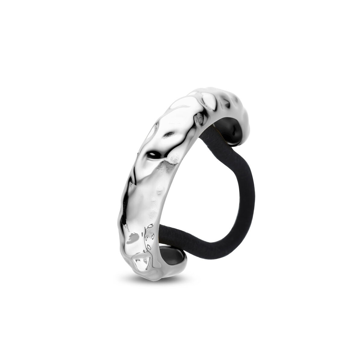 Zilverkleurige stalen hair cuff met een golvende structuur en een zwarte binnenvoering.