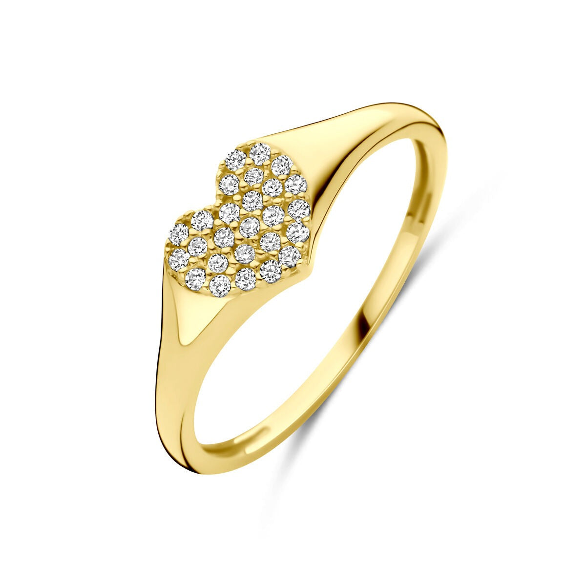 Gouden ring van 14k met een hartvormige zirkonia-inzet, 6 mm breed.