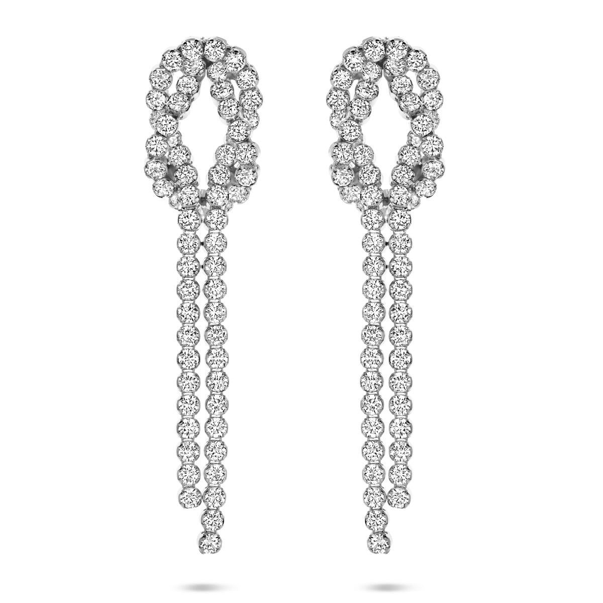 Gerhodineerde zilveren oorhangers met zirkonia, 53 mm lang, met een speelse kettingvorm en sprankelende steentjes.