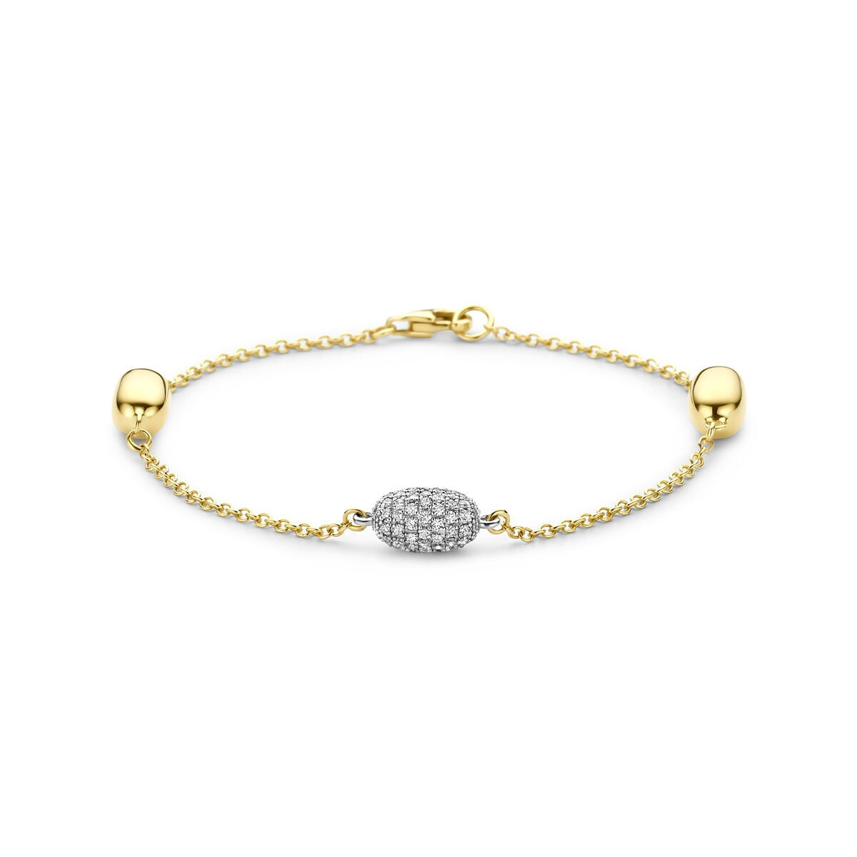 Bicolor geel en witgouden armband met een centrale diamantdetail en gladde bolvormige uiteinden.