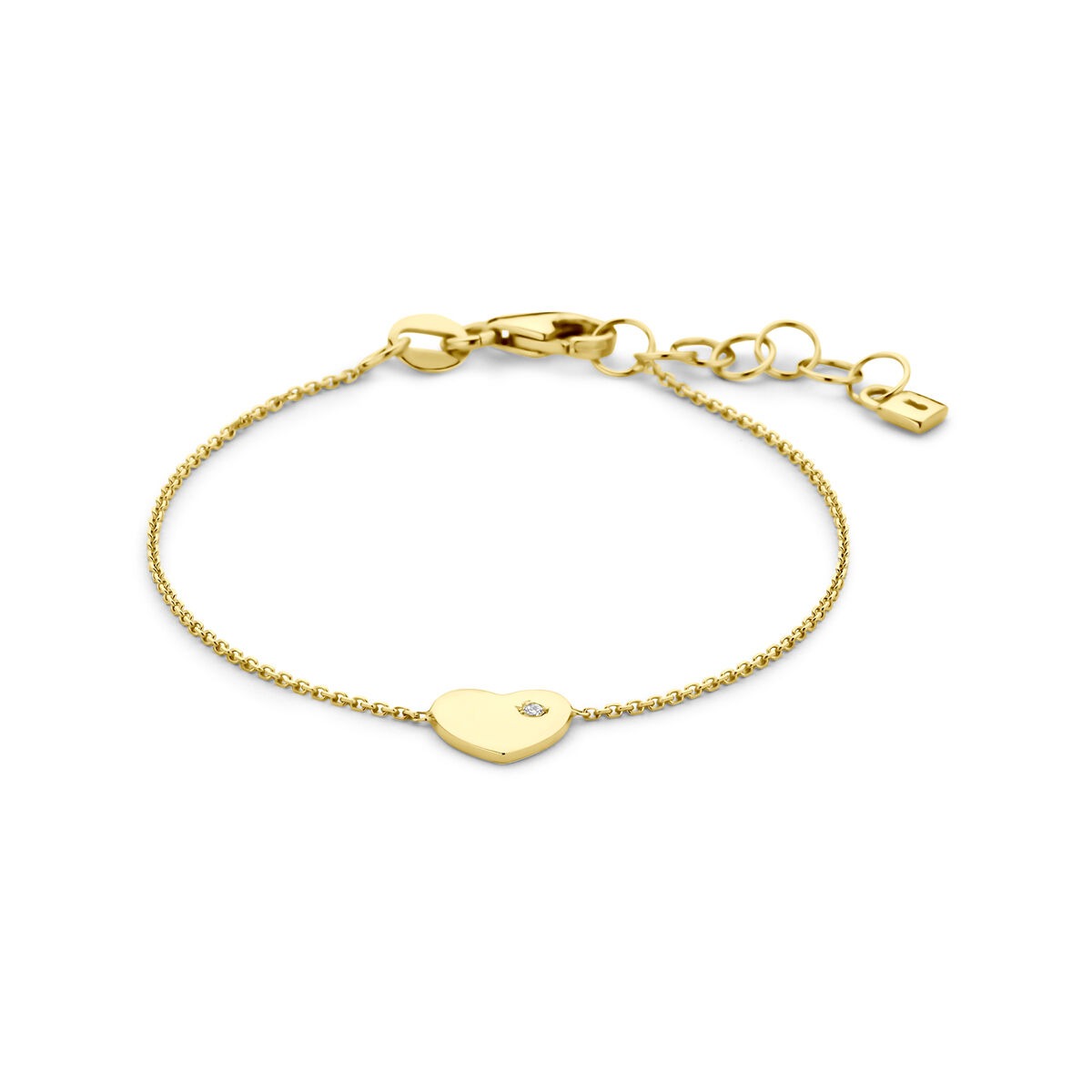 Geelgouden kinderarmband met een hartje en een zirkonia, voorzien van een fijne schakel en een verlengkettinkje.
