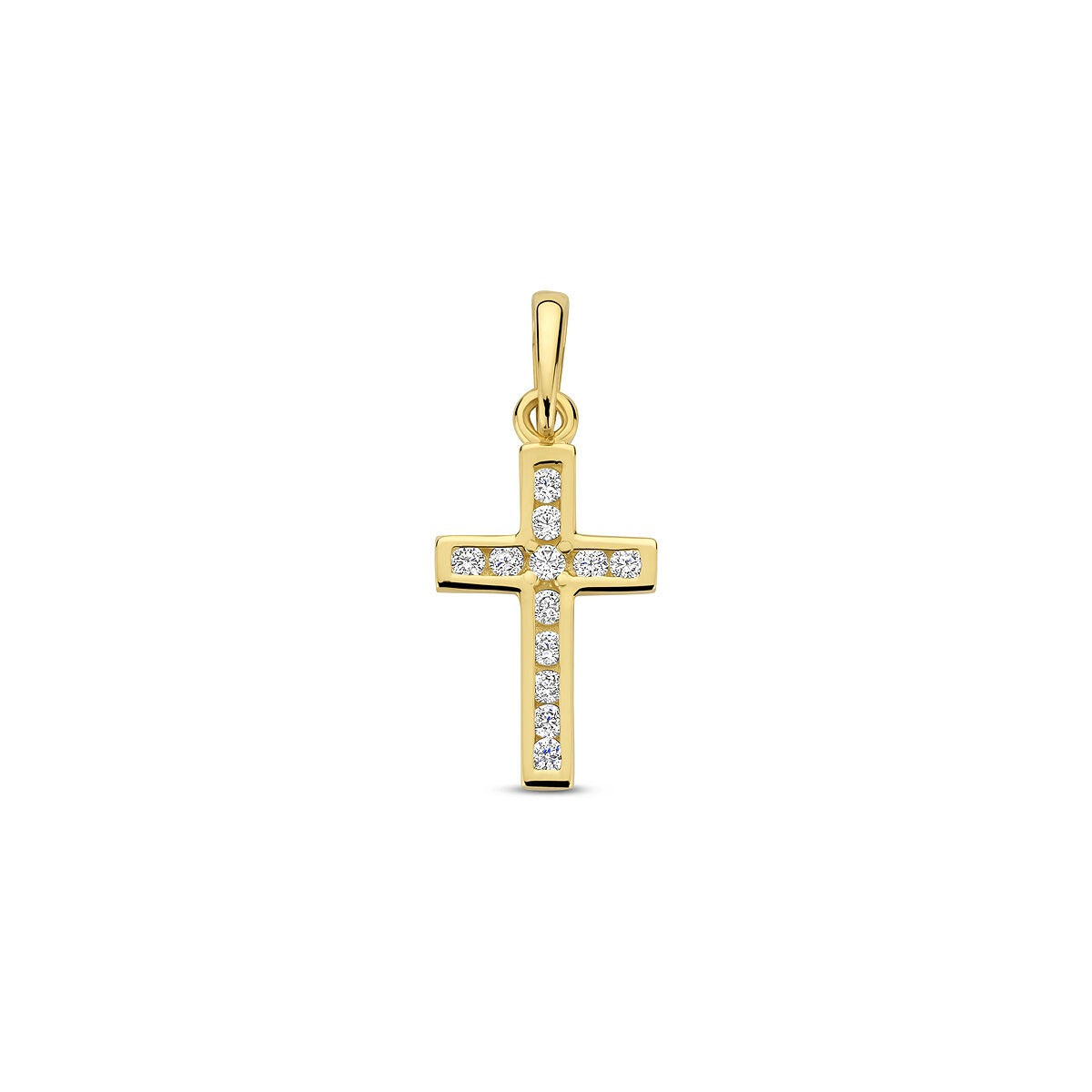 Geelkleurige kruis hanger van 9k goud, bezet met zirkonia steentjes.