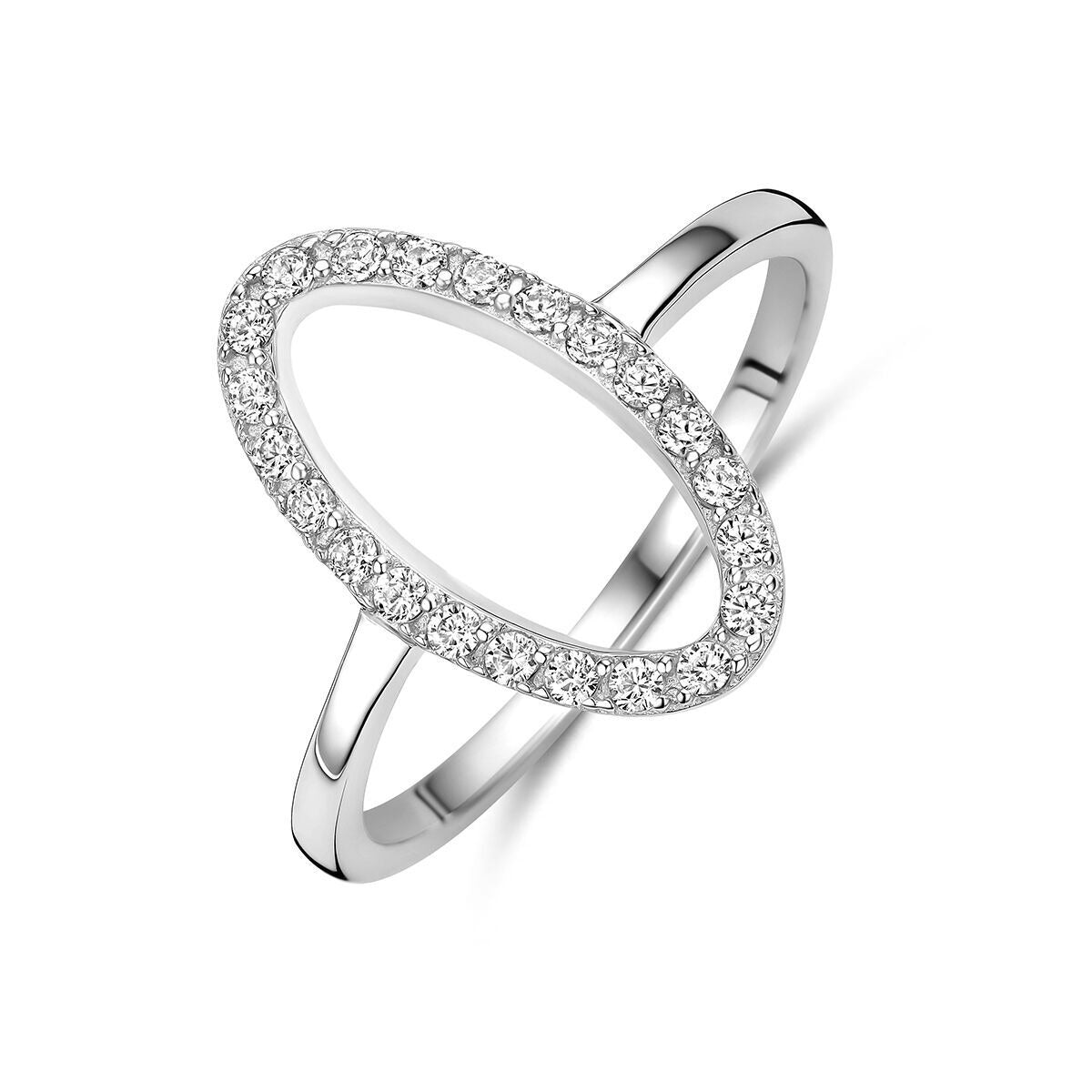 Gerhodineerde 925 zilveren ring met een open ovalen ontwerp en zirkonia steentjes rondom.