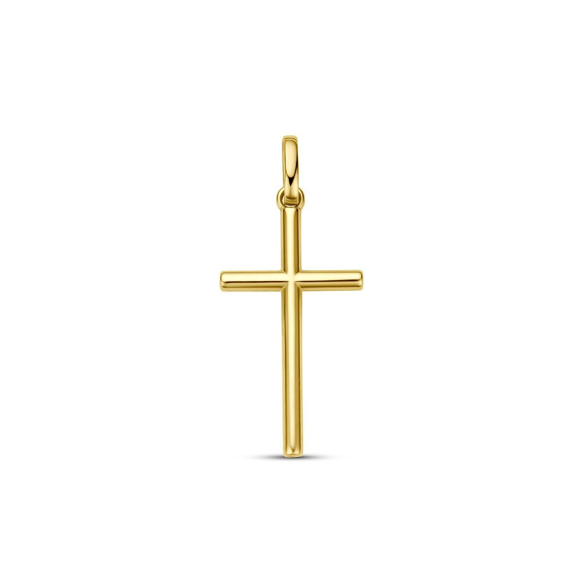 Geelgouden kruishanger met een strakke, minimalistische vorm en een glanzende afwerking.