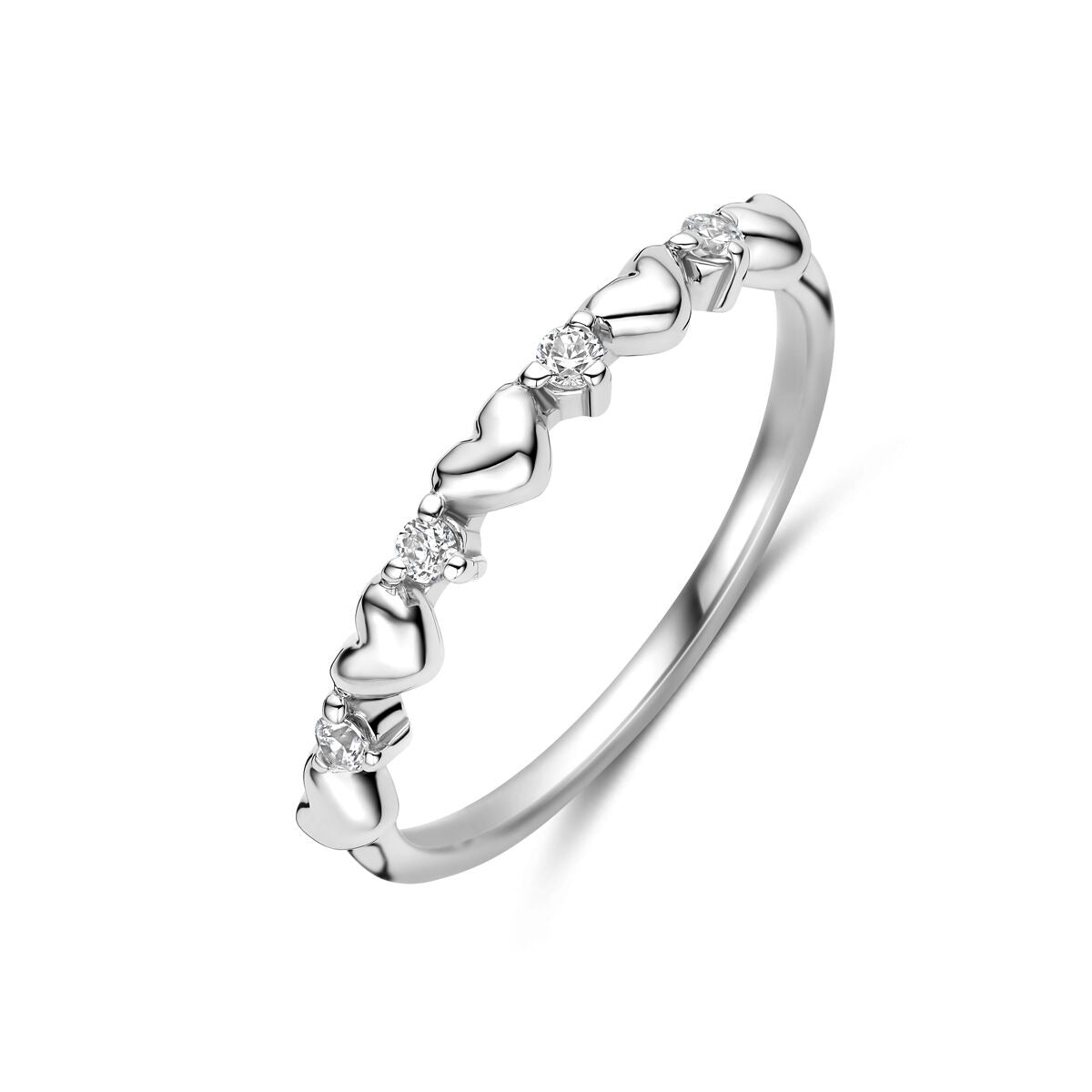 Gerhodineerde 925 zilveren ring met hartjes en zirkonia, versierd met kleine hartvormige schakels.