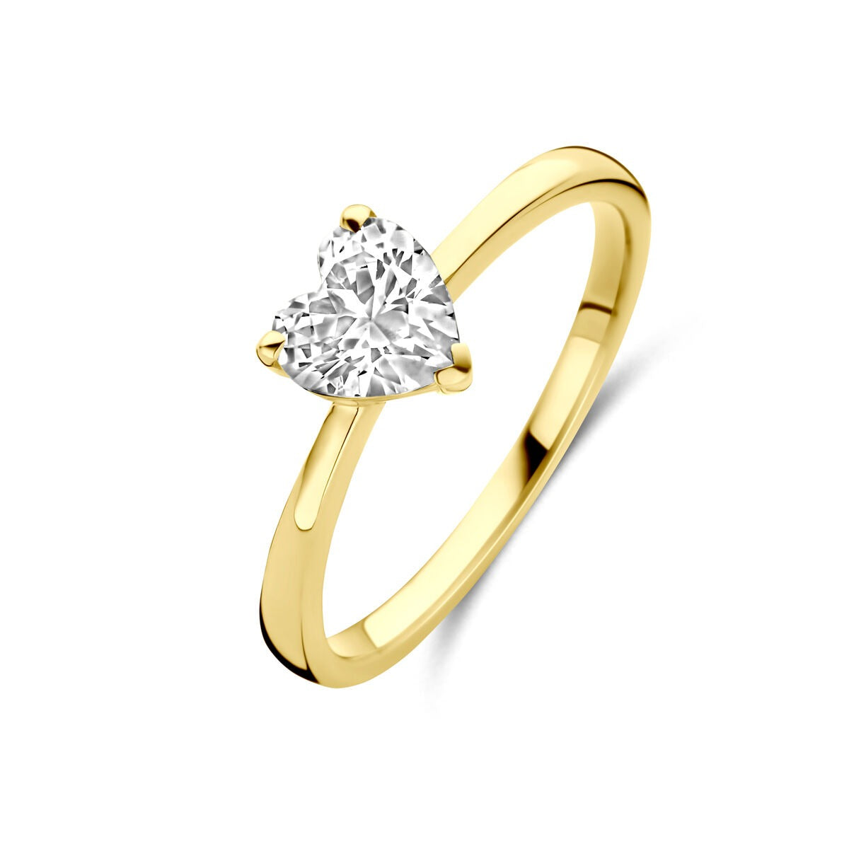 Gouden ring met hartvormige zirkonia van 6 mm, met een strakke, glanzende band.