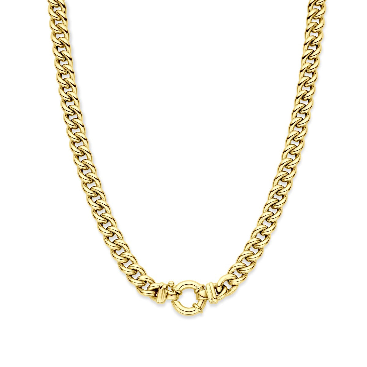 Gouden gourmette ketting van 14k met een breedte van 9 mm en een sluiting in het midden.