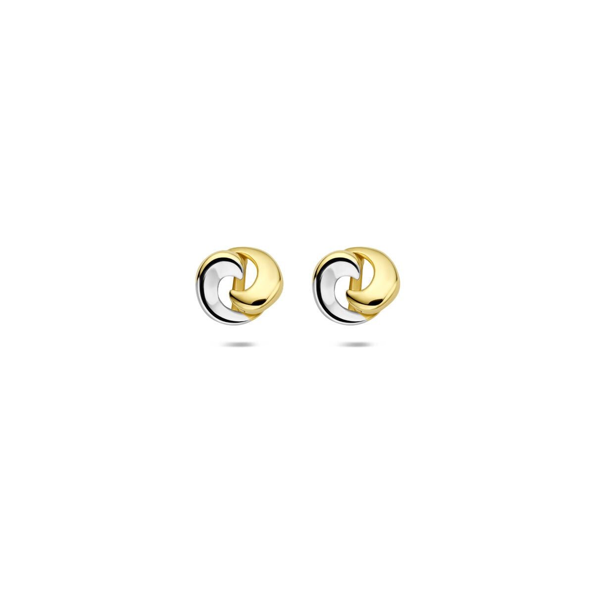 Bicolor oorknoppen van 14k wit- en geelgoud met een knoopvormige design.