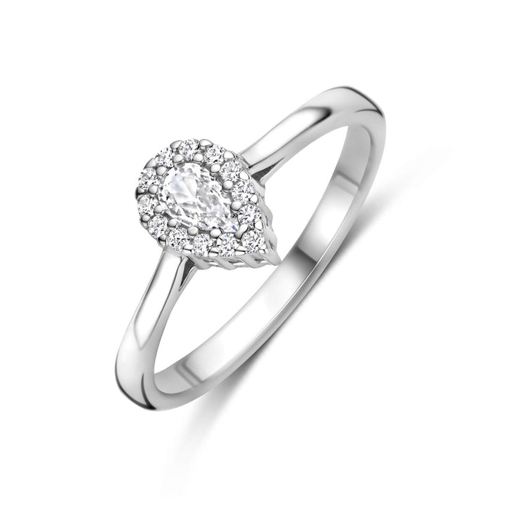 Zilveren dames ring met peer geslepen zirkonia en entouragezetting