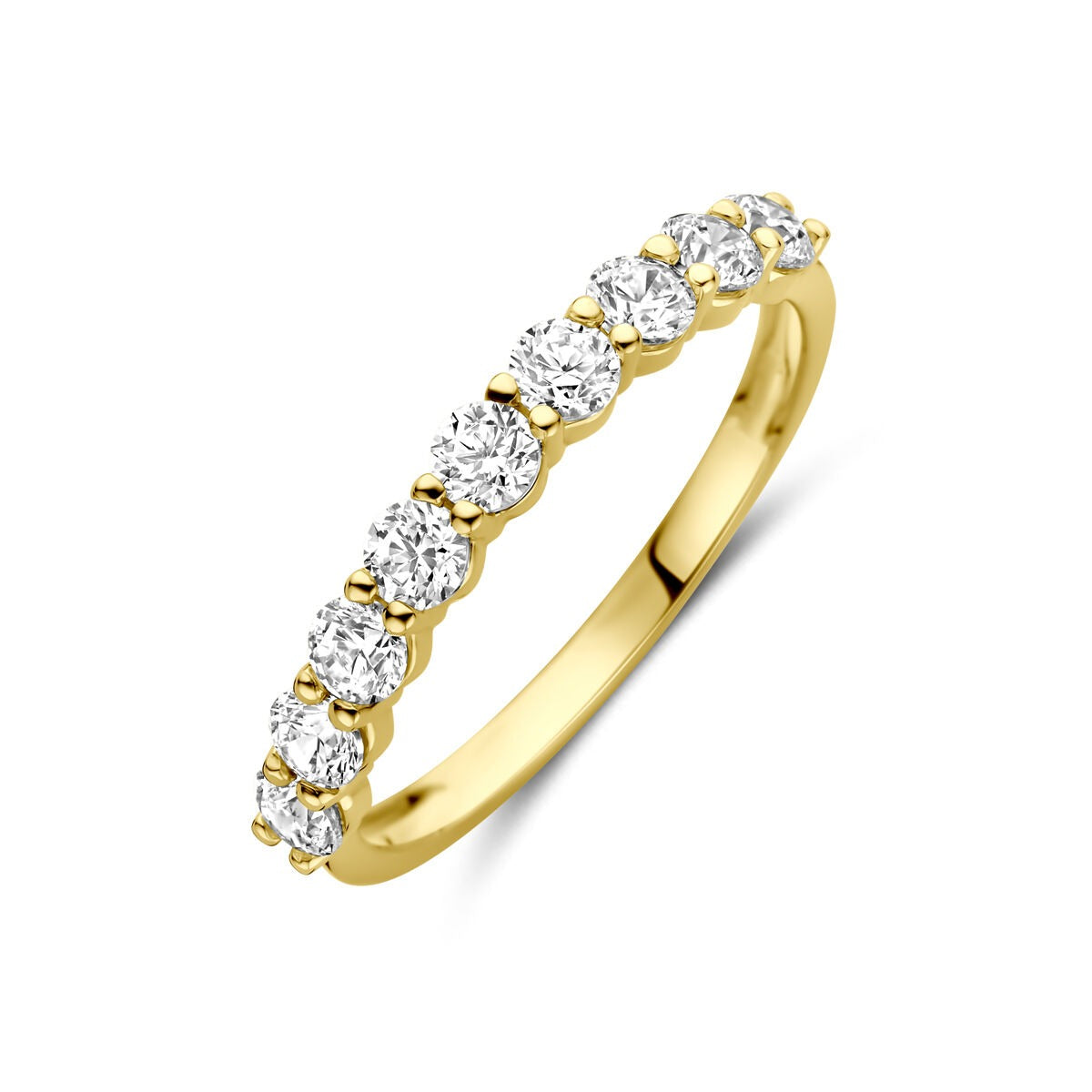 Gouden ring van 14k geelgoud met een rij van ronde zirkonia-steentjes.