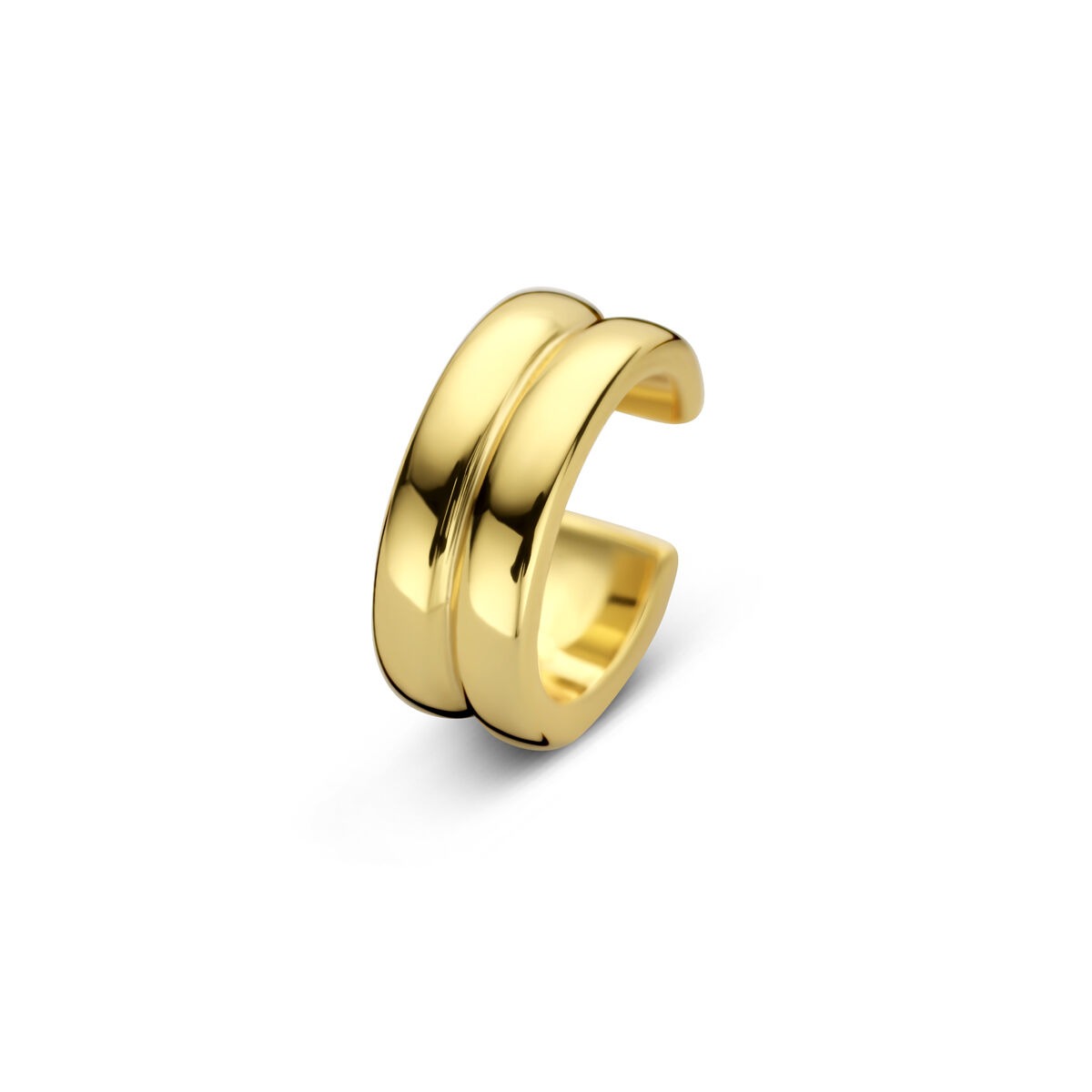 Verguld zilveren ear cuff met een gladde, ronde afwerking en twee overlappende banden.