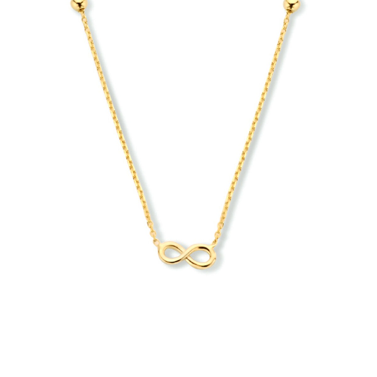 Geelgouden collier met een infinity hanger, fijne schakelketting en ronde tussenstukken.