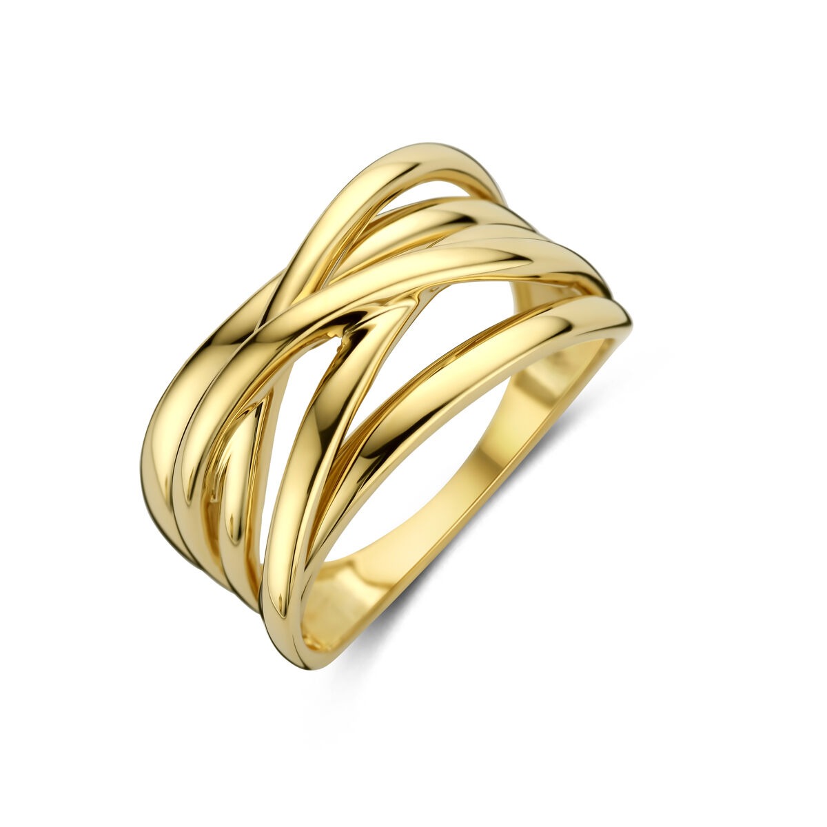 Geelgouden damesring met brede band van 11 mm, gekruiste en glanzende lijnen.