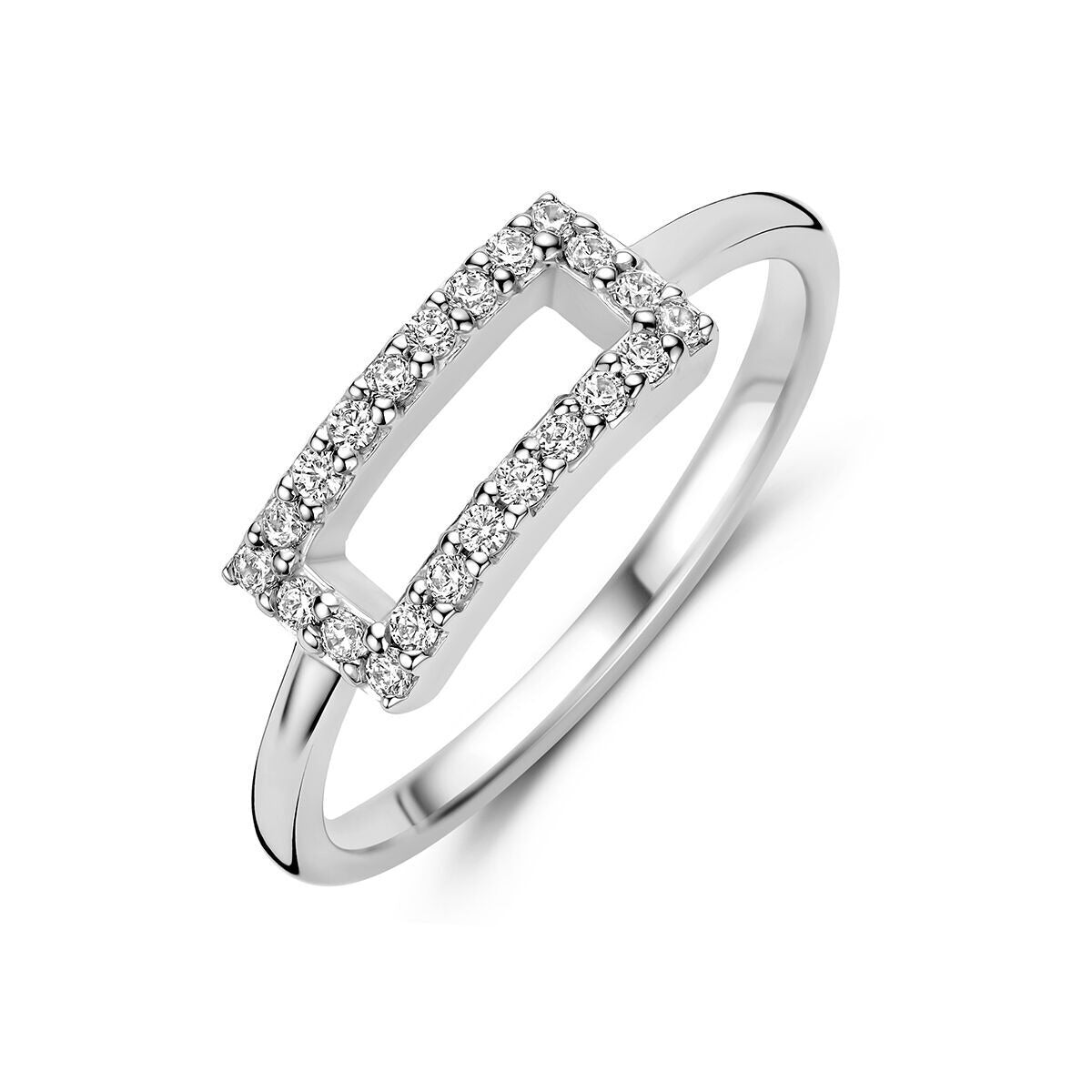 Gerhodineerde 925 zilveren ring met een rechthoekige zirkonia-setting en meerdere steentjes.