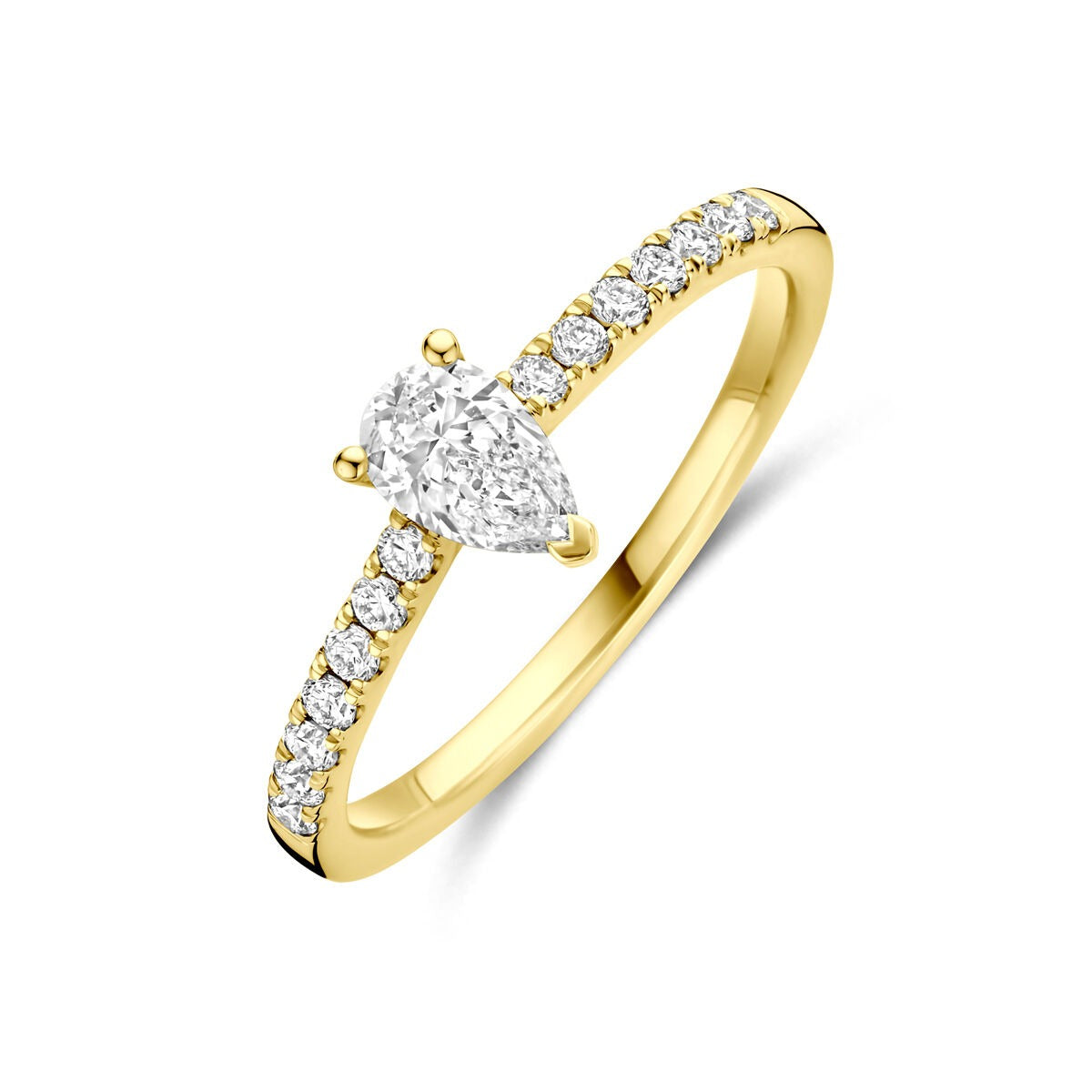 Gouden ring van 14k met een peervormige lab-grown diamant in het midden en kleine diamanten aan de zijkanten.