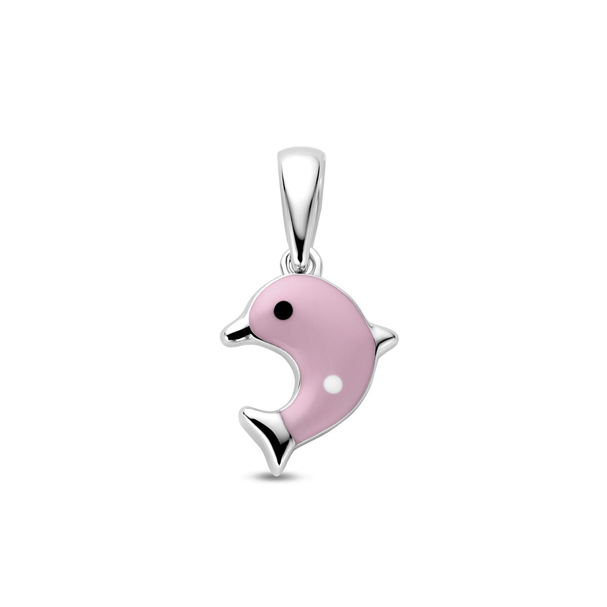Zilveren dolfijnhanger met gerhodineerde afwerking en roze emaille details.