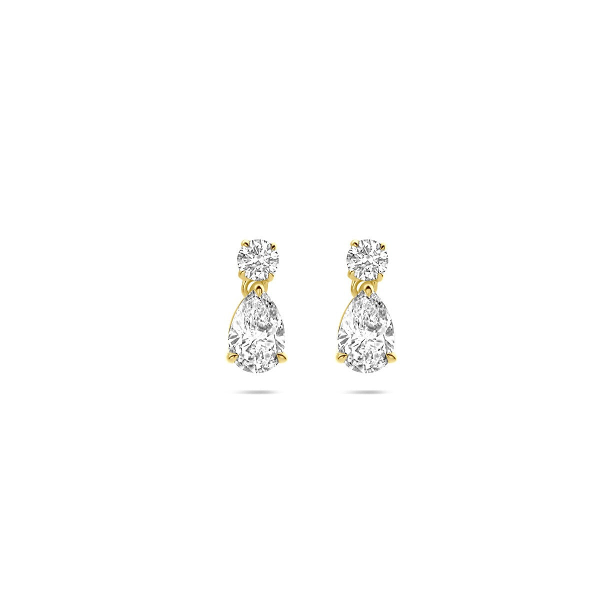 Geelgouden oorhangers met lab grown peerdiamanten, totaalgewicht 1.25 ct, met een glanzende afwerking.
