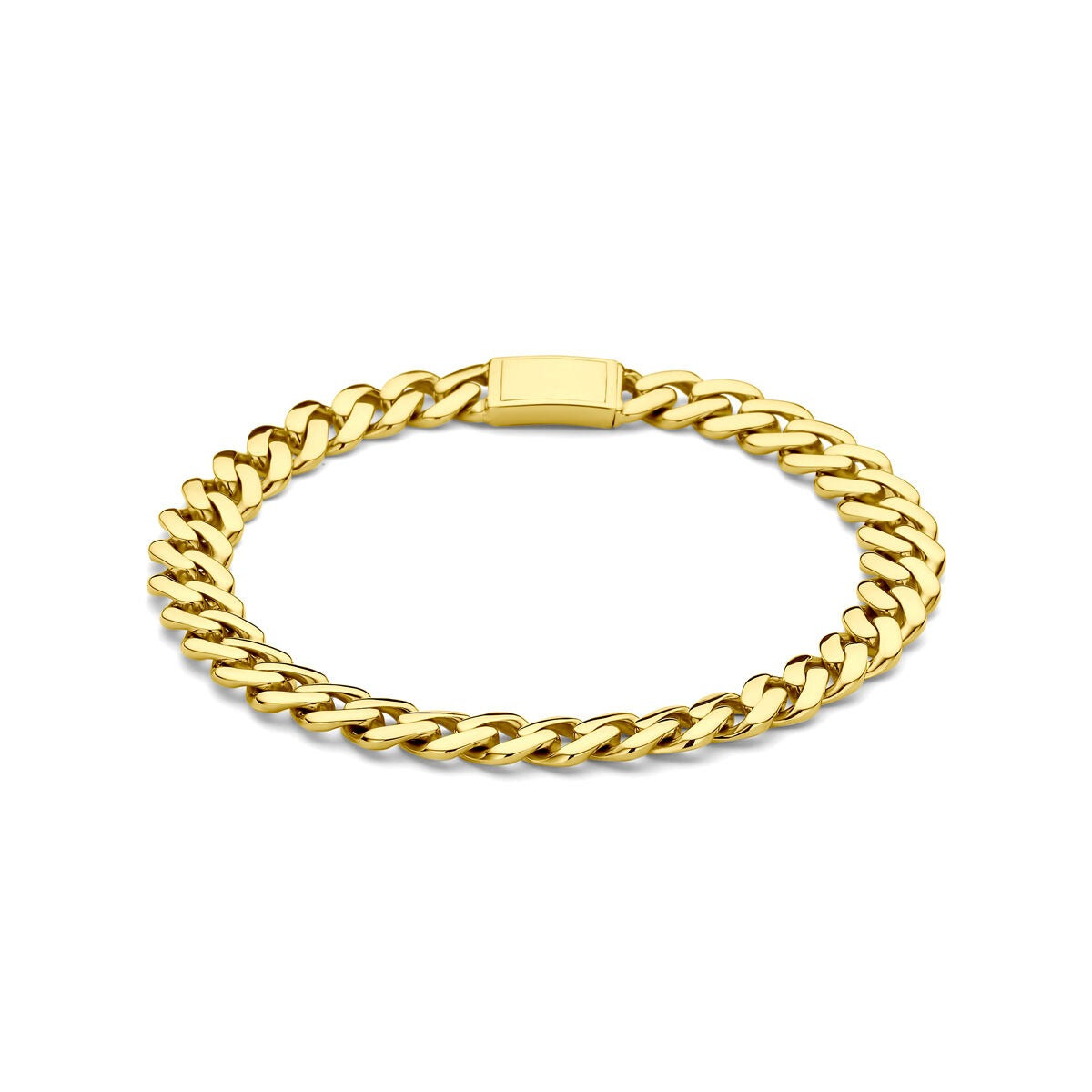 Geelgouden gourmet armband met een stevige schakelstructuur en een gladde sluiting.