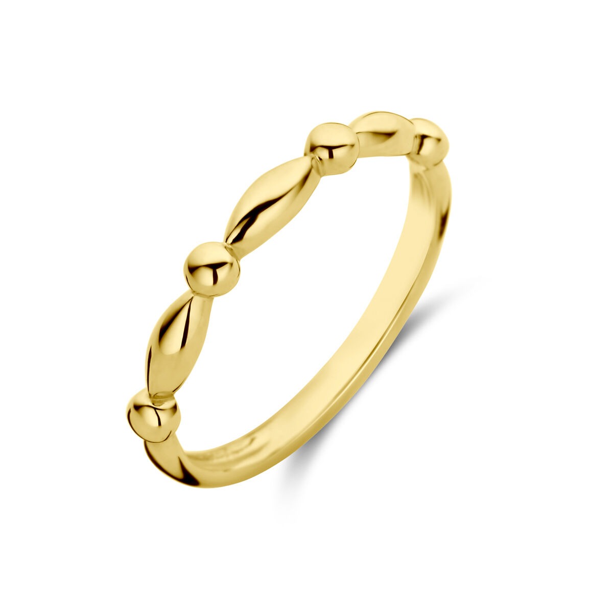 Geelgouden damesring met een golvende band en ronde, bolle details.