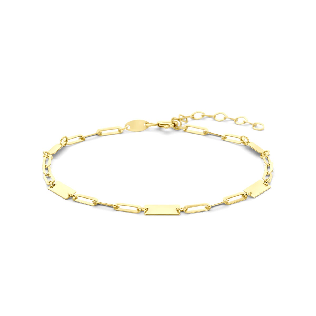 9k geelgouden armband met stijlvolle, rechthoekige plaatjes en een verstelbare sluiting.