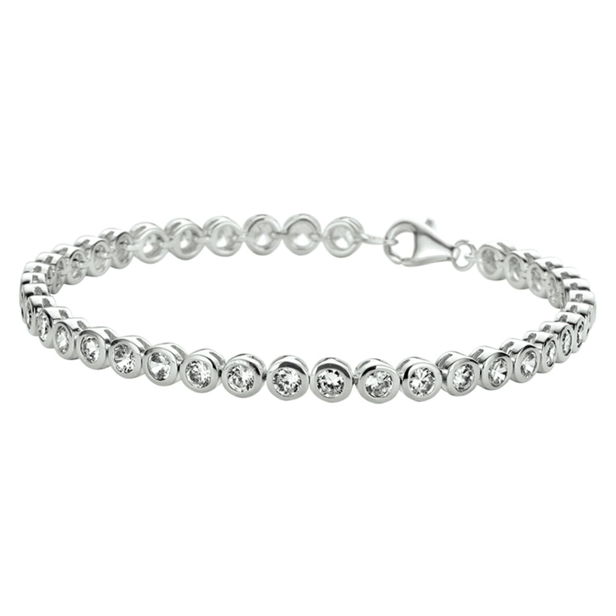 Zilveren tennisarmband met ronde zirkonia-steentjes in een verfijnde setting.