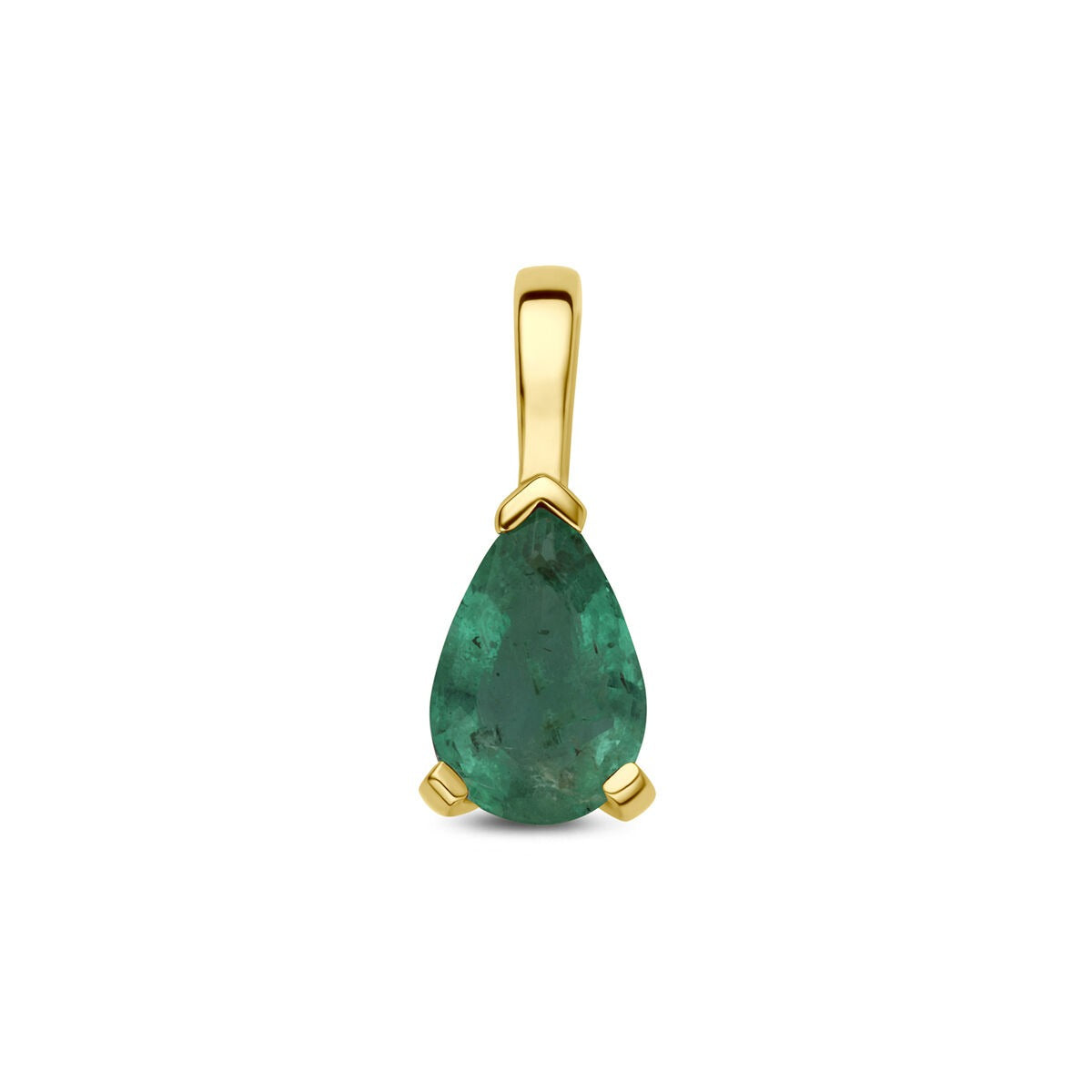 Geelgouden hanger met een peervormige smaragd, bevestigd met drie pootjes.