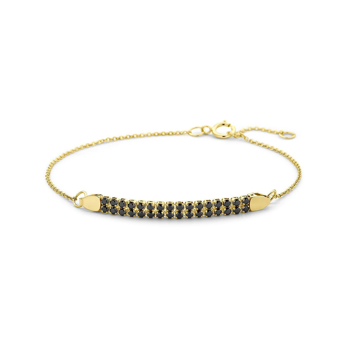Geelgouden dames armband met een rij zwarte spinelstenen en een fijne schakelband.