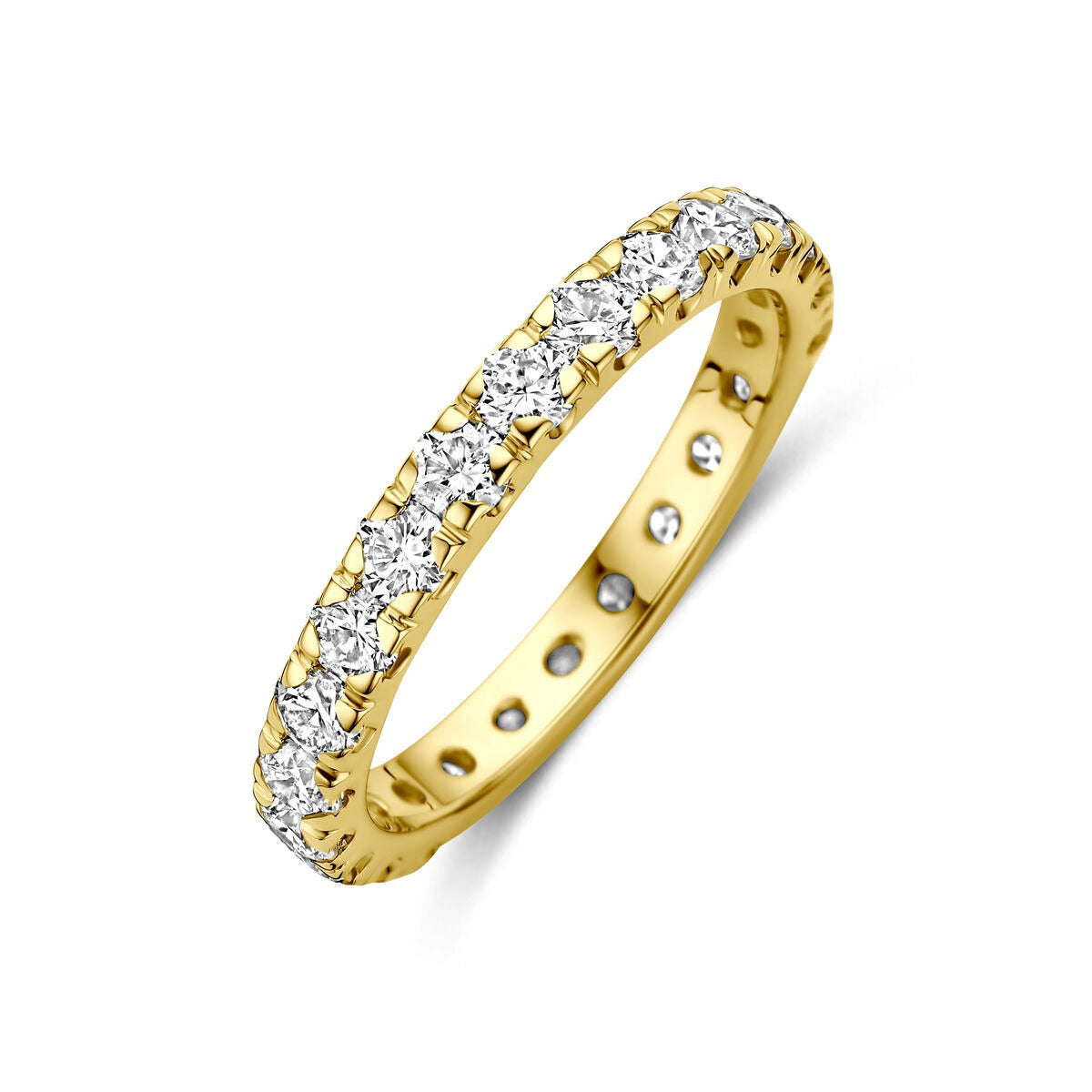Geelgouden ring van 14k met lab grown diamanten in een rij, met een gladde binnenkant.