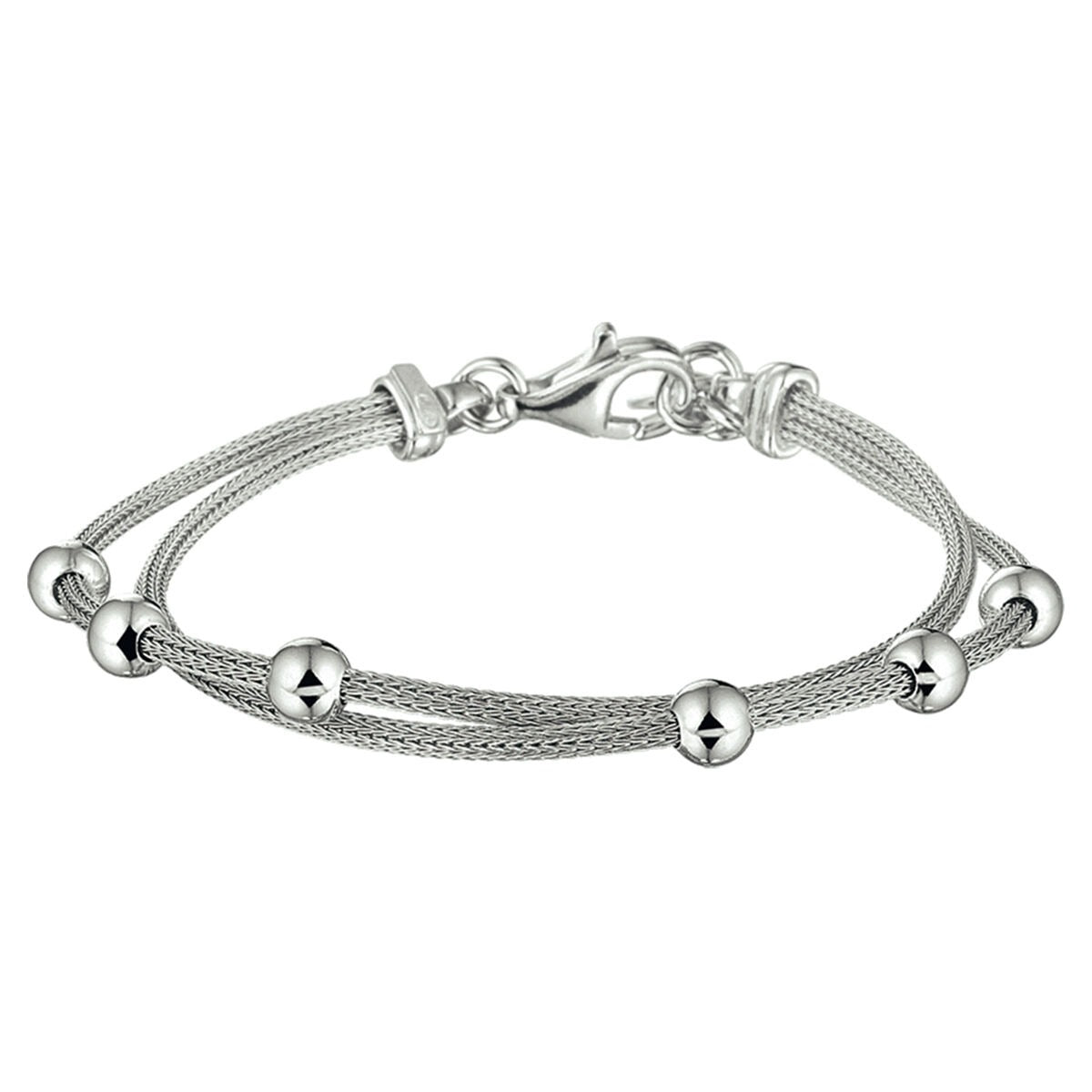 Zilveren armband van gerhodineerd 925 zilver met bolletjes en een dubbele kettingstructuur.