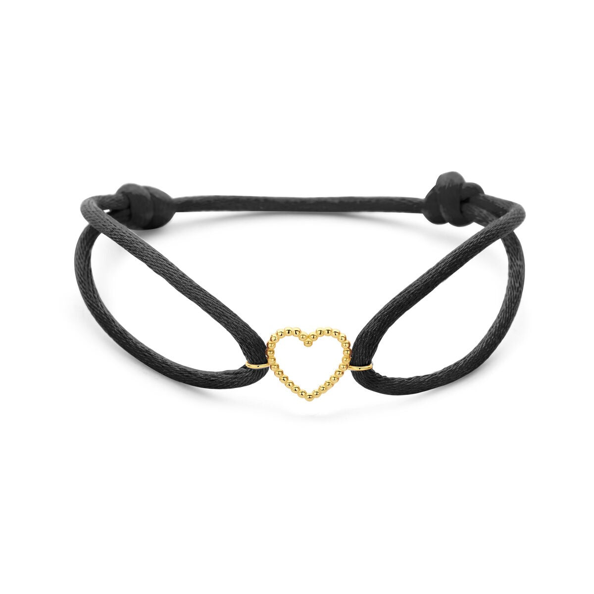 Zwart satijnen armband met een 14k gouden hartje in het midden.