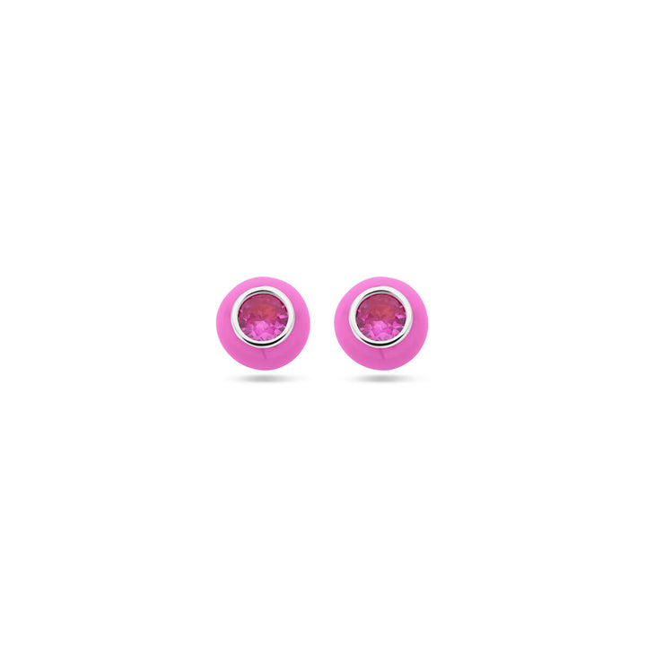 ear studs pink enamel and corundum zirconia silver rhodium plated