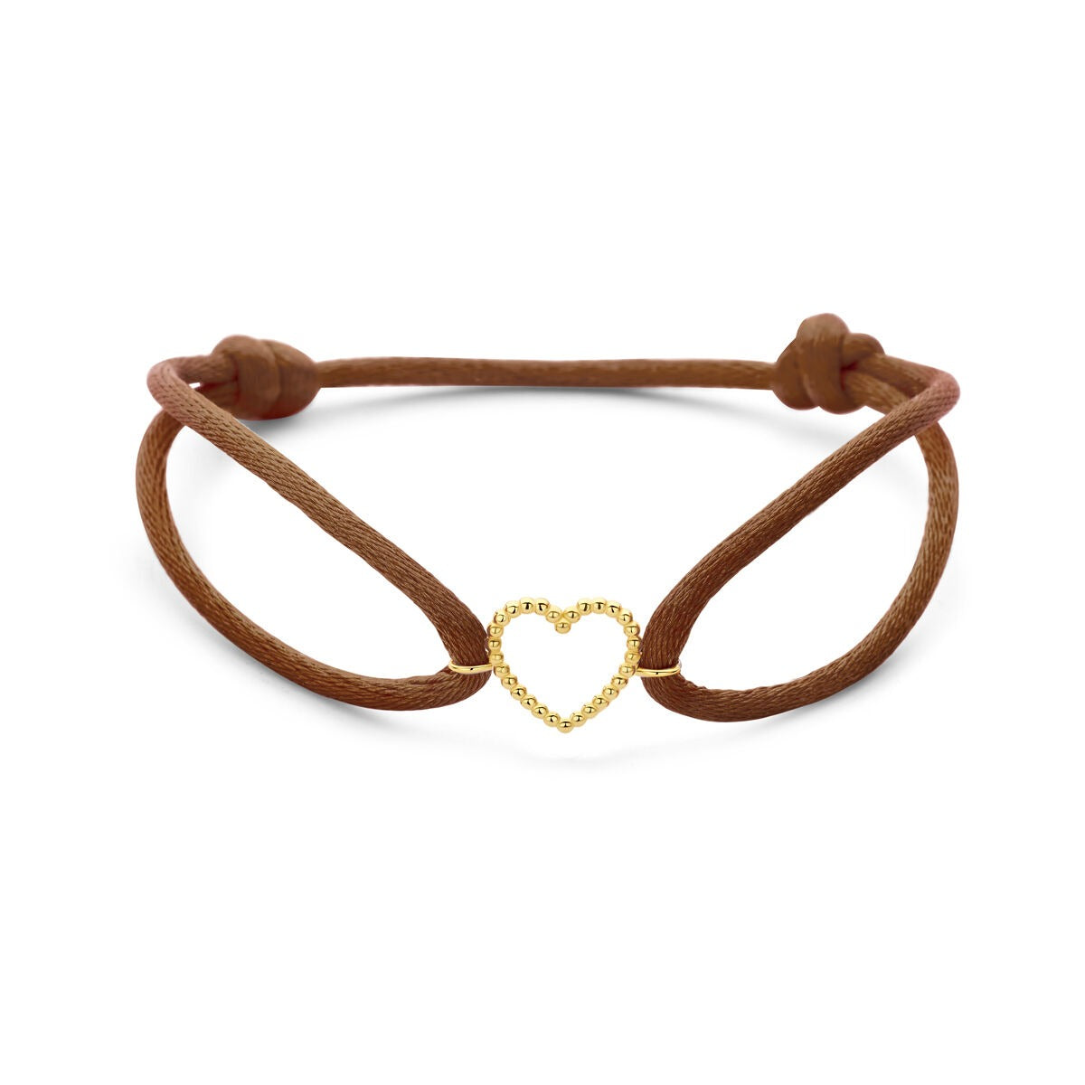 Bruine satijnen dames armband met een 14k geelgouden hartje in het midden.