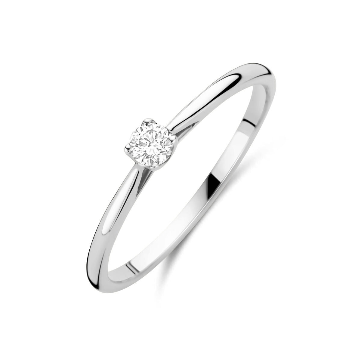 Witgouden damesring met een 0.10ct lab grown diamant, verfijnde schouderdetails en een glanzende afwerking.