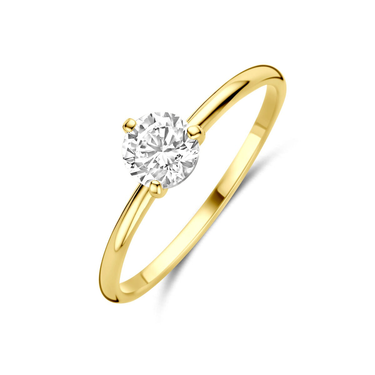 Geelgouden damesring met een solitaire briljant geslepen zirkonia in een eenvoudige setting.