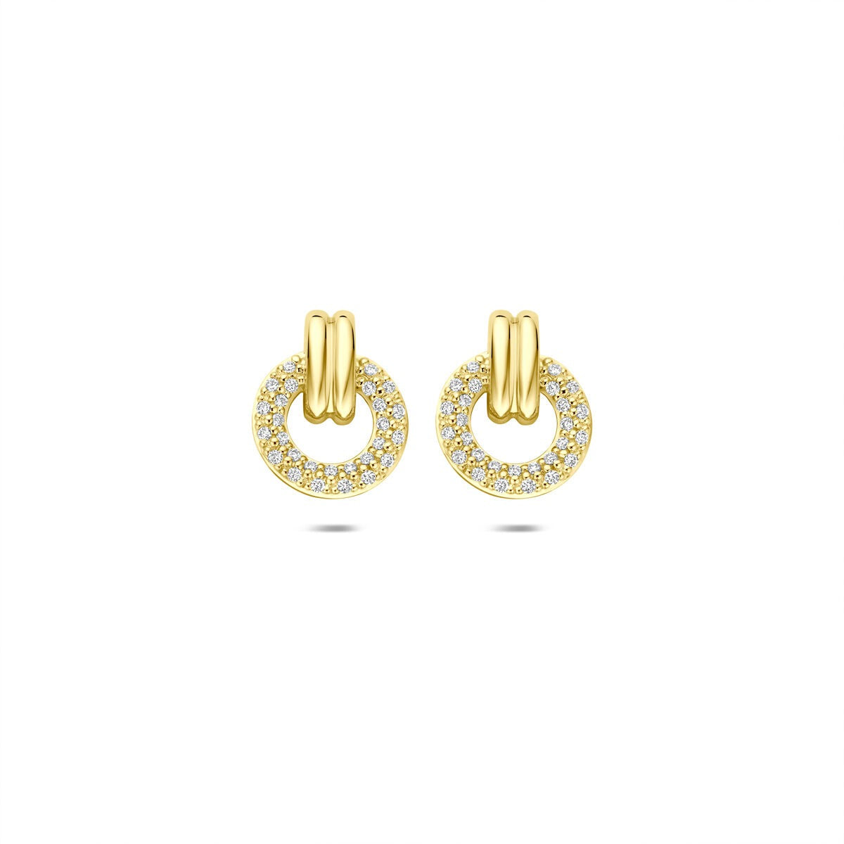 Gouden oorknopjes van 14k met een cirkelvormige schijf en briljant geslepen diamanten.