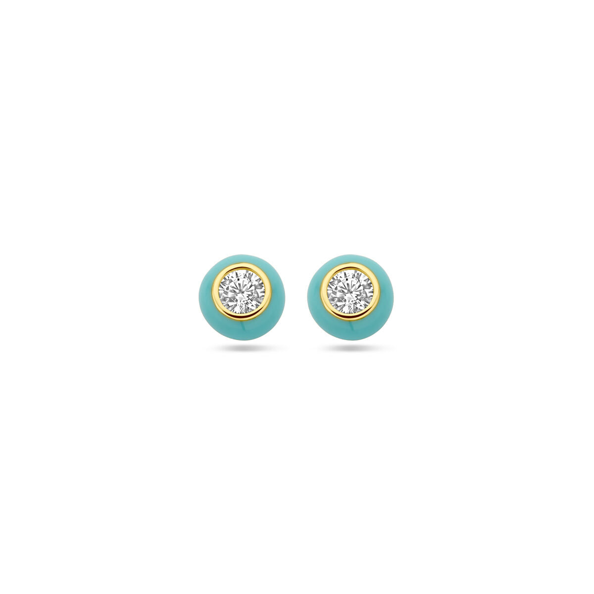 Vergulde zilveren oorknopjes met turquoise emaille en een zirkonia in het midden.