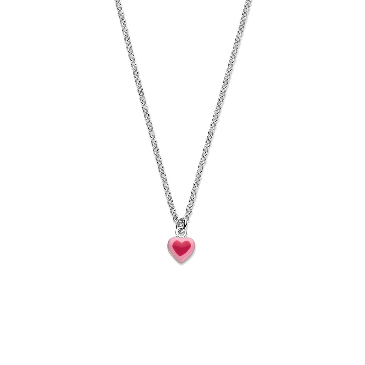Zilveren kinderketting van gerhodineerd 925 zilver met een roze hartje als hanger.