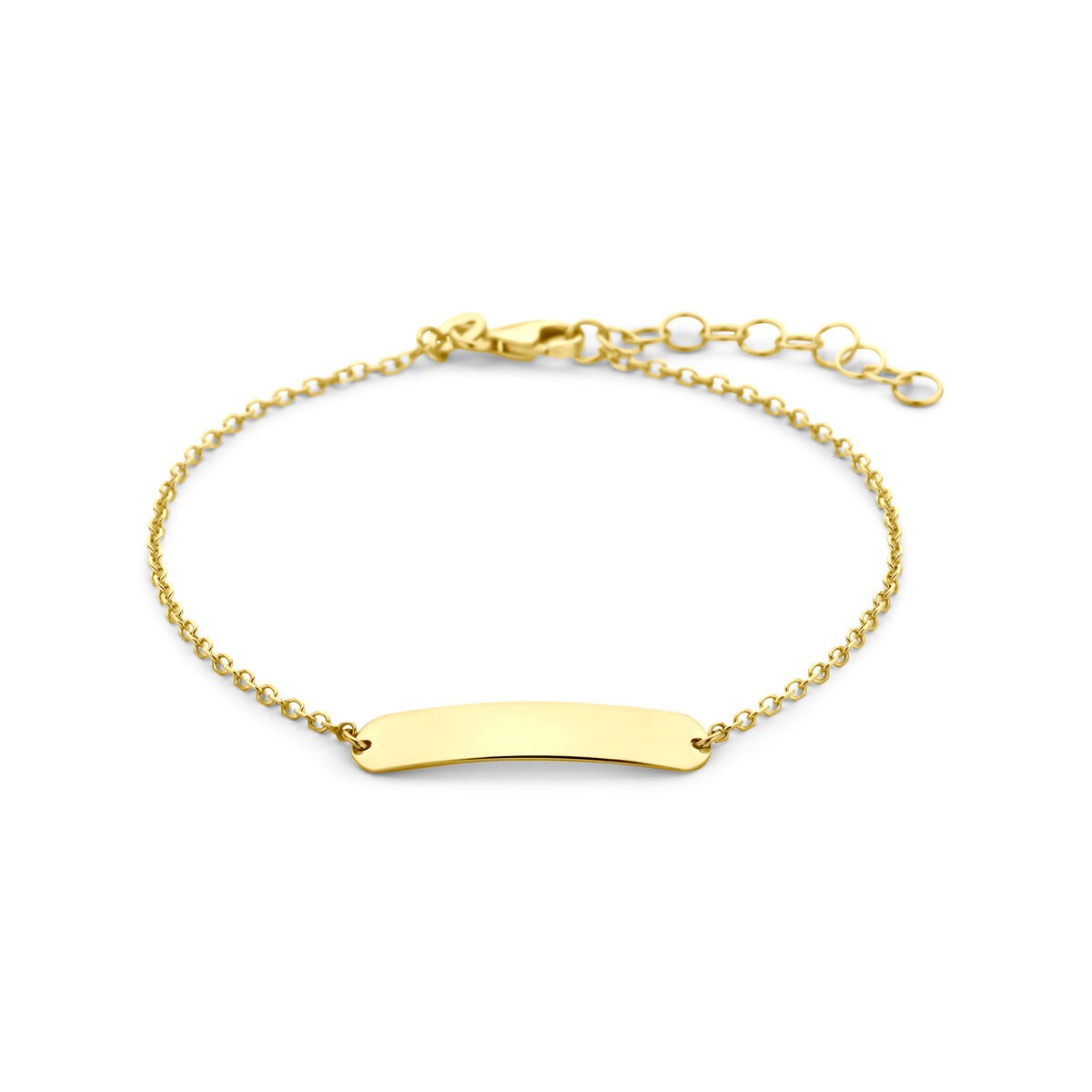 Geelgouden graveerarmband met een gladde, rechte plaat en een fijne schakelketting.