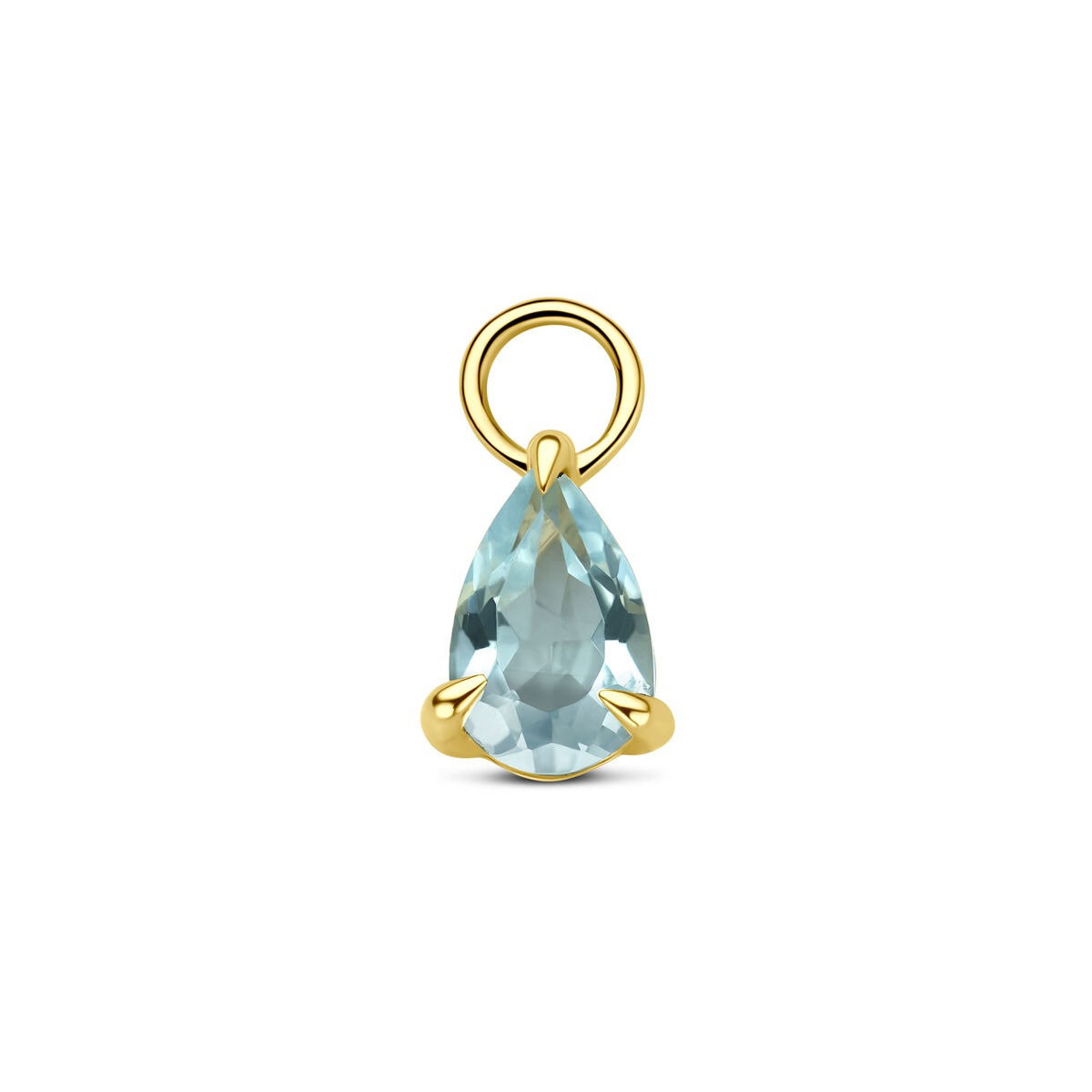 14k geelgouden oorringhanger met een druppelvormige blauwe topaas.