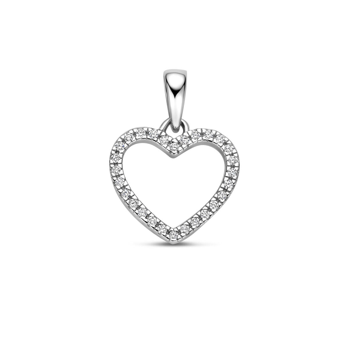 Hanger in hartvorm van gerhodineerd 925 zilver, omringd door zirkonia steentjes.