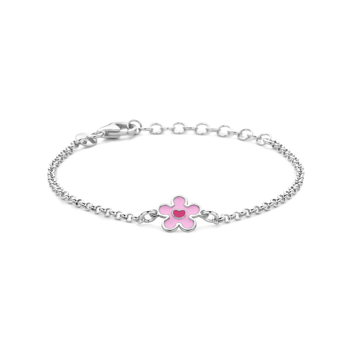 Gerhodineerde 925 zilveren kinderarmband met een roze bloemenbedel en hartje.
