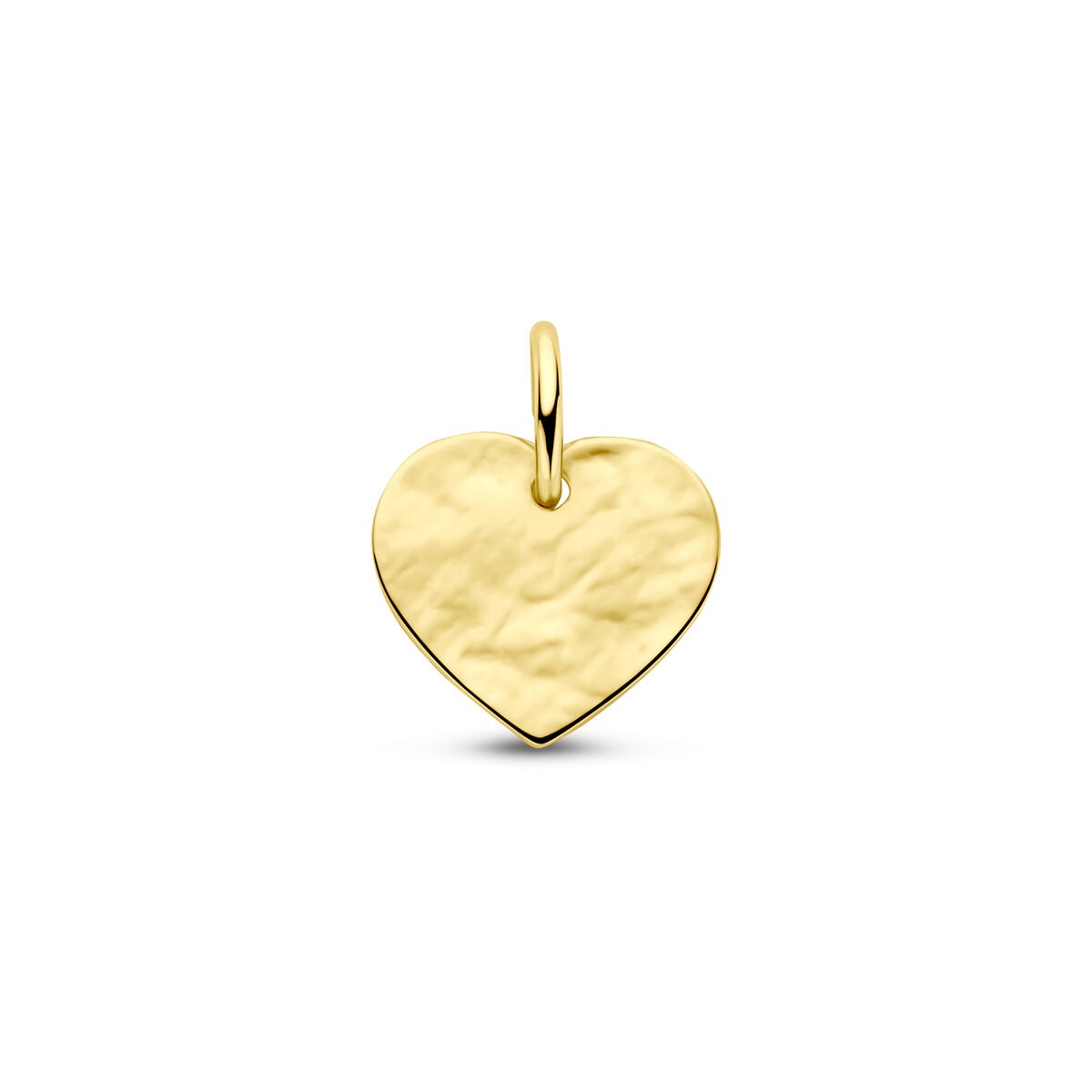 Gele graveerhanger in de vorm van een hart, gemaakt van 9 karaat goud met een matte afwerking.