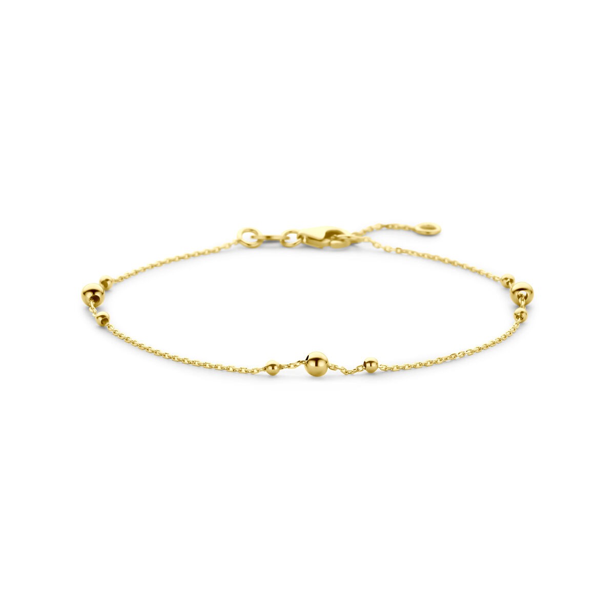 Geelgouden armband met bolletjes, fijne schakels en een karabijnsluiting.